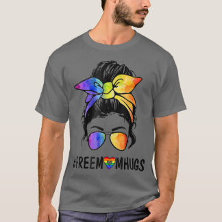 Womens Free Mom Hugs Messy Bun LGBT Pride Rainbow T-Shirt