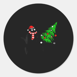 Womens Funny Black Cat Gift Pushing Christmas Tree Classic Round Sticker