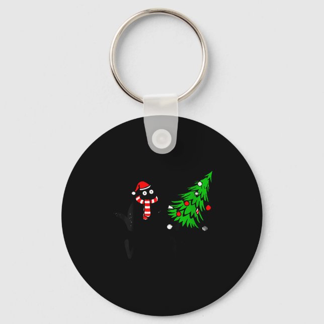 Womens Funny Black Cat Gift Pushing Christmas Tree Keychain (Front)
