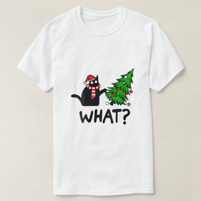 Womens Funny Black Cat Gift Pushing Christmas Tree T-Shirt (Design Front)