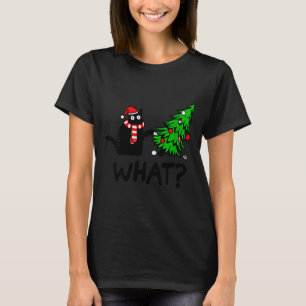 Womens Funny Black Cat Gift Pushing Christmas Tree T-Shirt