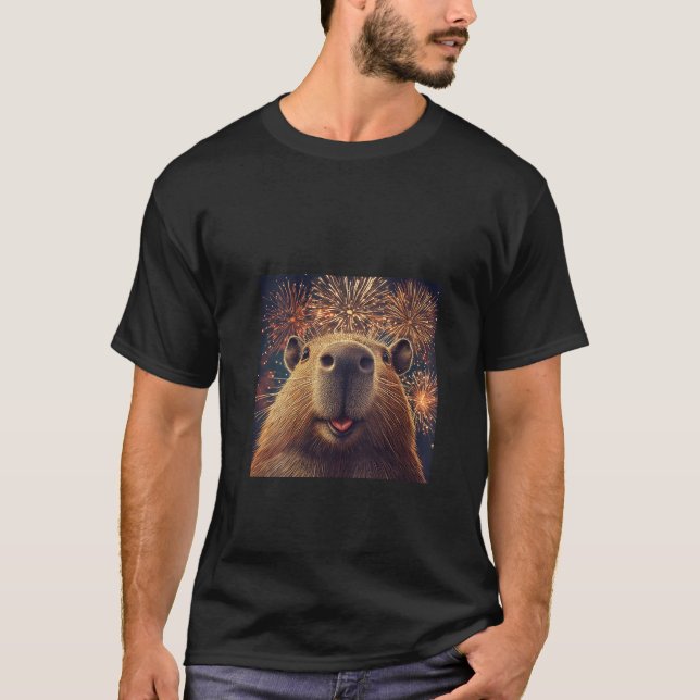 Womens Funny Capybara Selfie With Fireworks V Neck T-Shirt (Front)