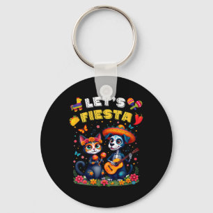 Womens Funny Cat And Dog Sugar Skull Lets Fiesta Keychain