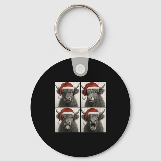 Womens Funny Christmas Highland Cow Santa Photo Bo Keychain (Front)