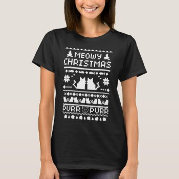 Women's Funny Meowy Christmas Ugly Cat T-shirt by Casesandtees at Zazzle