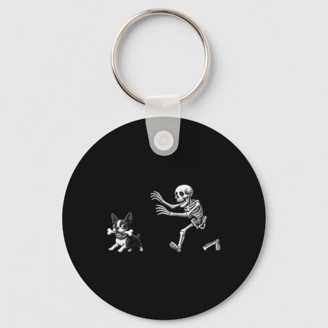 Womens Funny Skeleton Chasing Terrier Dog Mom Keychain (Front)