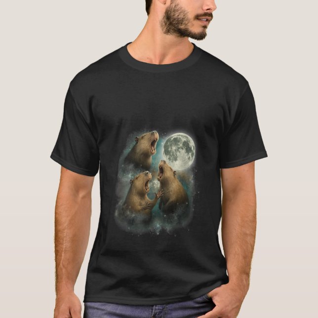 Womens Funny Three Capybaras Howling at the Moon C T-Shirt (Front)