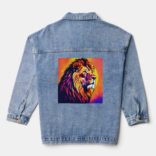 Women's Geometric Lion Designed Denim Jacket (Back)