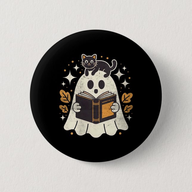 Womens Ghost Reading Book Halloween Library Black Button (Front)