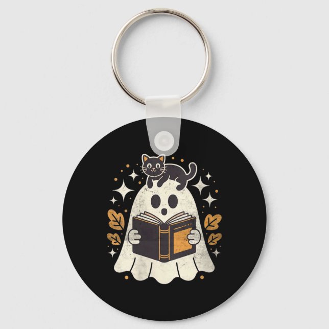 Womens Ghost Reading Book Halloween Library Black Keychain (Front)