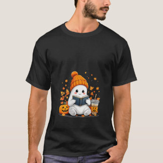 Womens Ghost Reading Book with Fall Leaves Hallowe T-Shirt