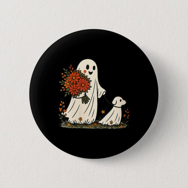 Womens Ghost Walking Dog Spooky Funny Halloween Button (Front)