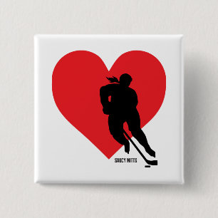 Womens Girls Love Heart Hockey Player Button