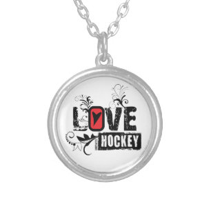 Women's Girls Love Heart Hockey Swirl Silver Plated Necklace