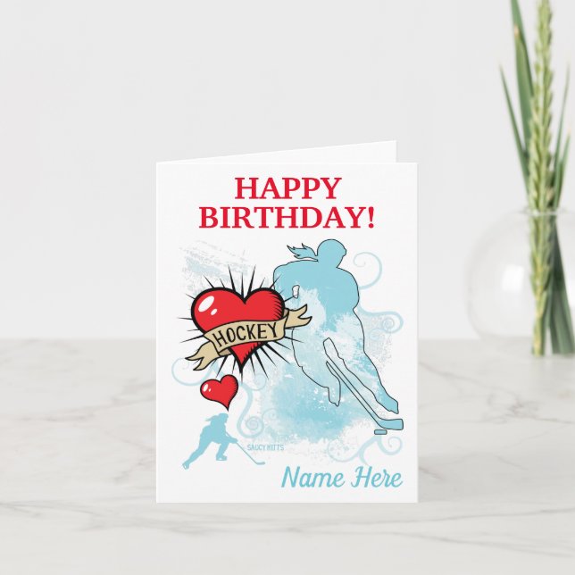 Women's Girls Personalized Hockey Birthday Heart Card (Front)