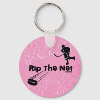 Women's Girls Pink Rip the Net Hockey Player Puck Keychain
