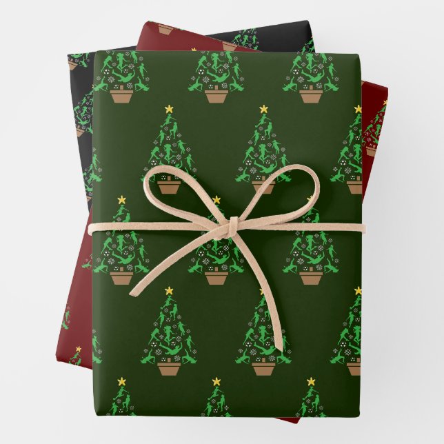 Women's Girls Soccer Christmas Tree Wrapping Paper Sheets (In situ)