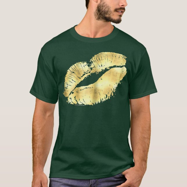 Womens Gold Printed Lipstick Kiss Makeup 80s T-Shirt (Front)