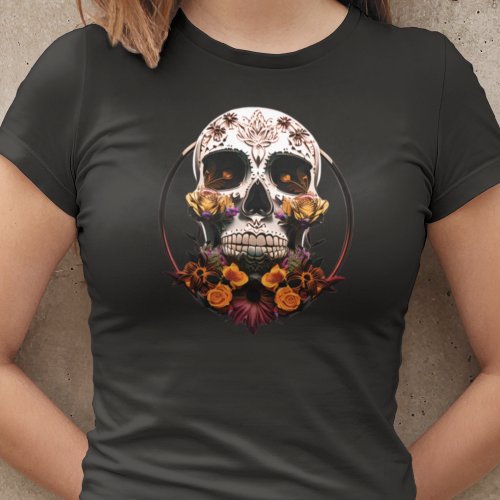 Womens Golden Marigold Sugar Skull Mexican Skull T_Shirt