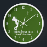 Women's Golf Two Lines Personal Text Clock<br><div class="desc">Simple vector of lady golfer as she makes a hole in one  I set the text for the club name to be more distinct than the name of the team. Add any text or leave blank - also makes a nice gift with golfers name.</div>