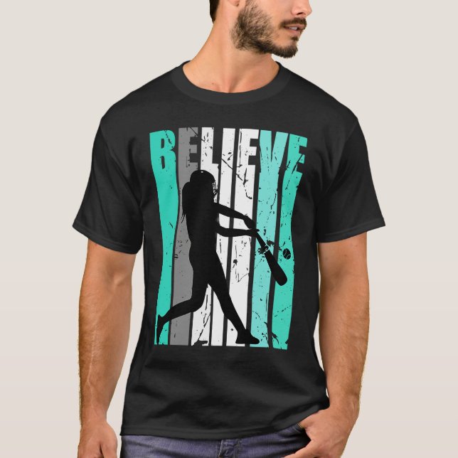 Womens Green Believe Baseball Softball Base Run Pl T-Shirt (Front)