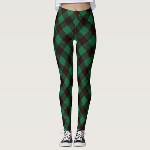 Womens Green Black Diamond Plaid Leggings