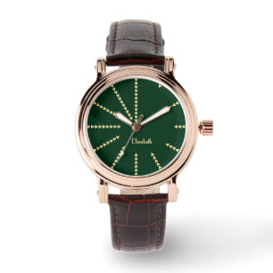 Womens Green Rose Gold Monogrammed Leather Strap Watch