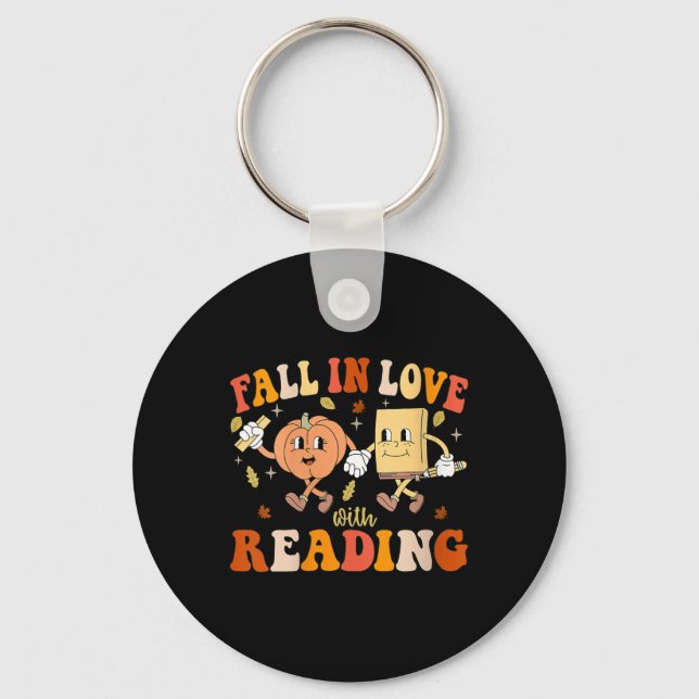 Womens Groovy Fall In Love With Reading Thanksgivi Keychain (Front)