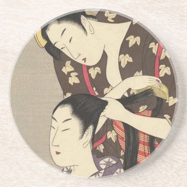 Womens Hairdressing Utamaro Yuyudo Ukiyo-e Art Sandstone Coaster (Front)