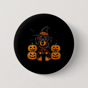 Womens Halloween Dachshund Dog Witch Hat Pumpkin Button