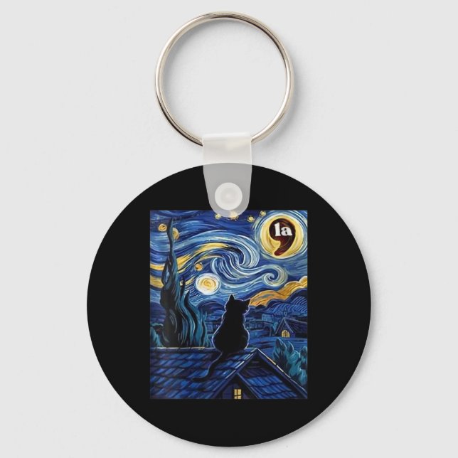 Womens Halloween Starry Night Black Cat Comma La K Keychain (Front)