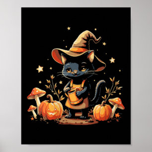 Womens Halloween Witch Cat Watering Pumpkins Autum Poster