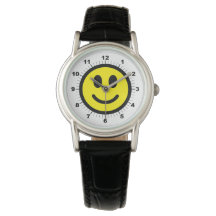 Women's Happy Face Black Leather Strap Watch