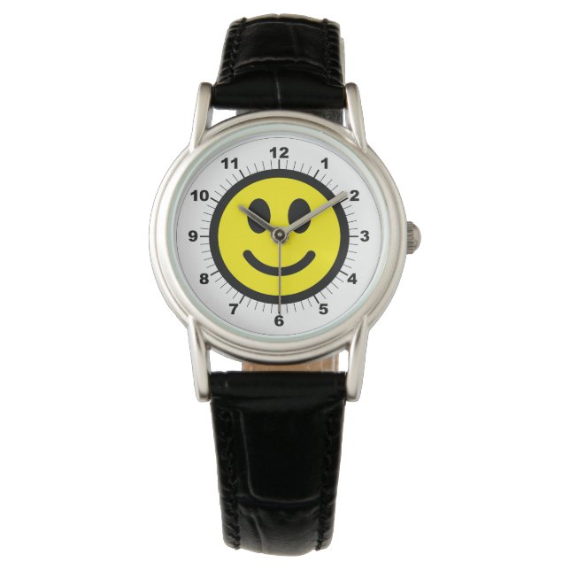 Women's Happy Face Black Leather Strap Watch (Front)