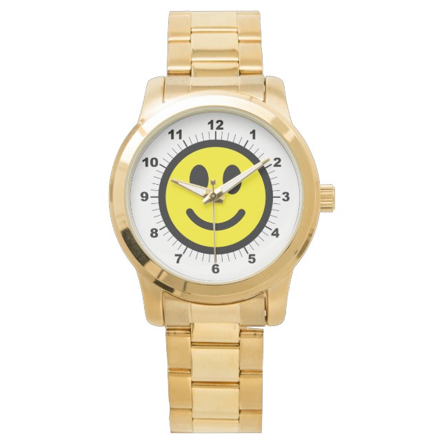 Women's Happy Face Oversized Gold Bracelet Watch (Front)