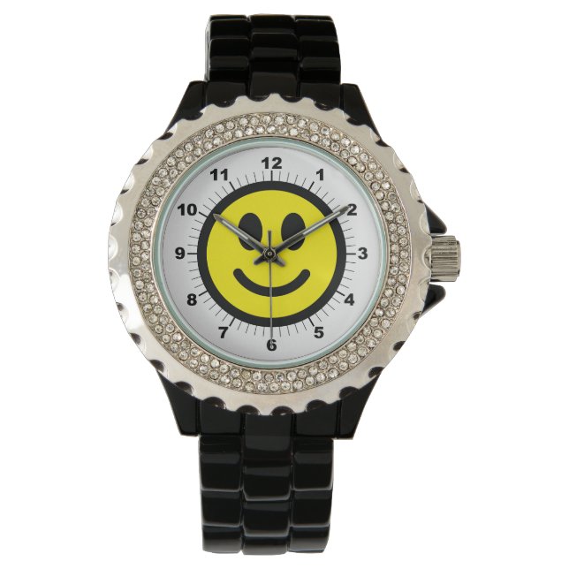 Women's Happy Face Rhinestone Black Enamel Watch (Front)