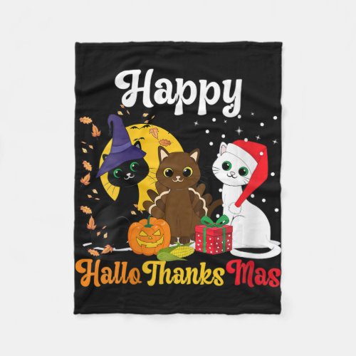 Womens Happy Hallothanksmas Cats Halloween Christm Fleece Blanket