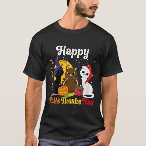 Womens Happy Hallothanksmas Cats Halloween Christm T_Shirt