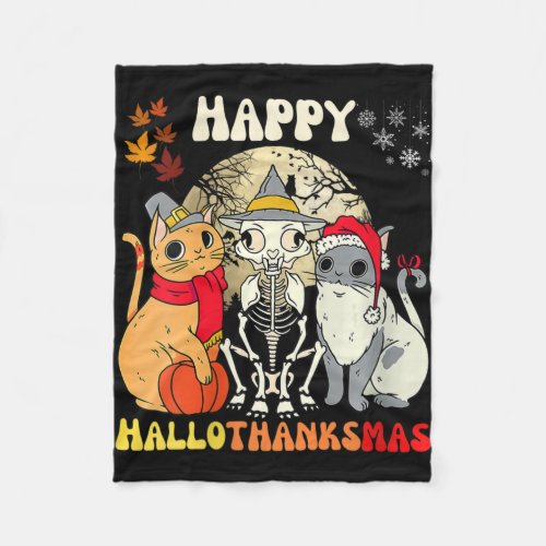 Womens Happy Hallothanksmas Cats Halloween Thanksg Fleece Blanket