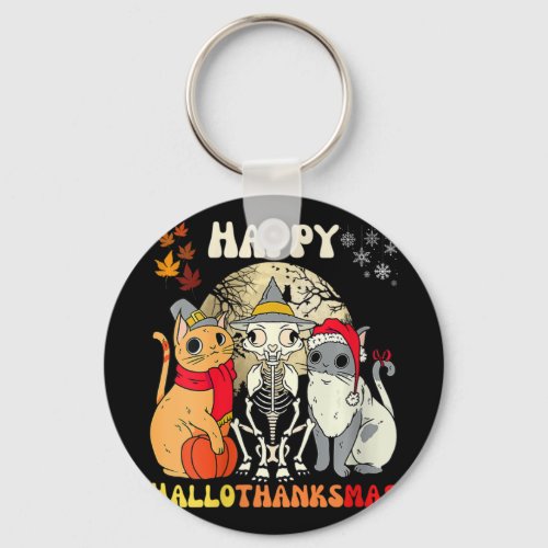 Womens Happy Hallothanksmas Cats Halloween Thanksg Keychain