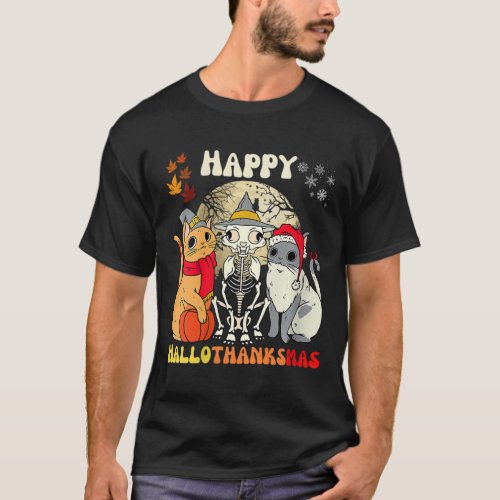 Womens Happy Hallothanksmas Cats Halloween Thanksg T_Shirt