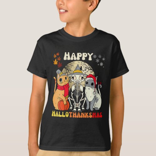 Womens Happy Hallothanksmas Cats Halloween Thanksg T_Shirt