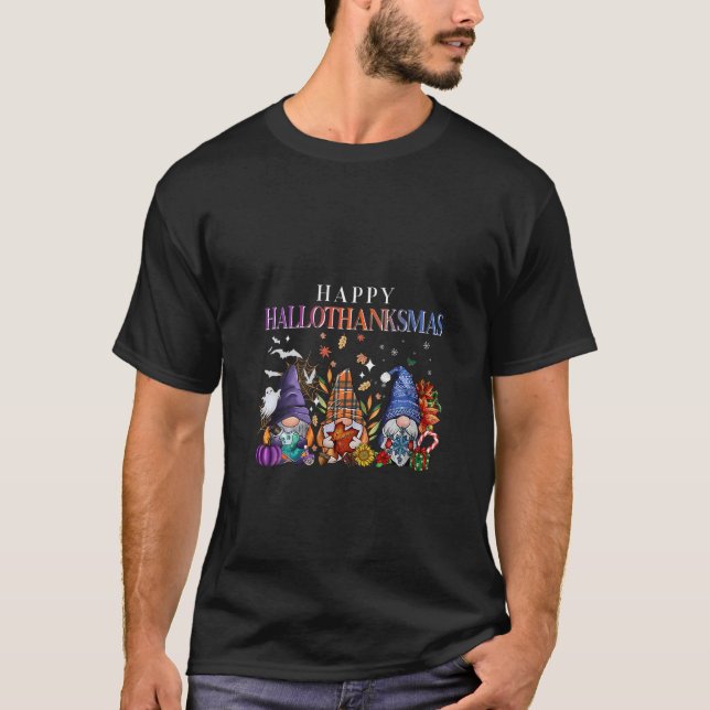 Womens Happy Hallothanksmas Gnomes Lover Halloween T-Shirt (Front)