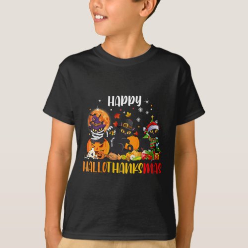 Womens Happy Hallothanksmas Shirt Black Cat Hallow