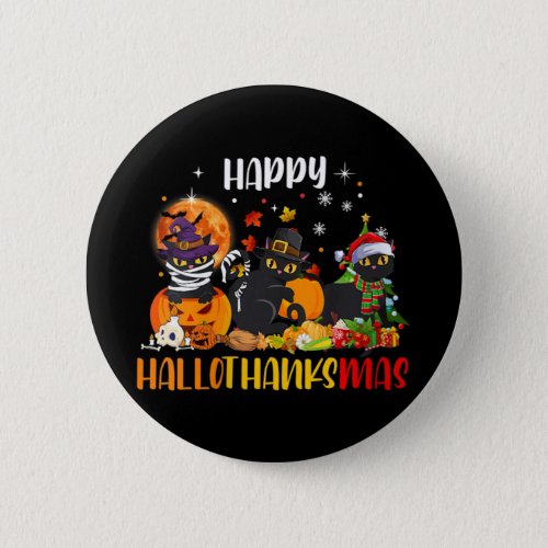 Womens Happy Hallothanksmas Shirt Black Cat Hallow Button