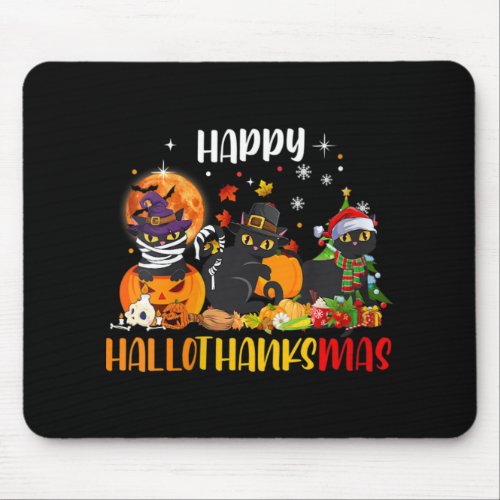 Womens Happy Hallothanksmas Shirt Black Cat Hallow Mouse Pad