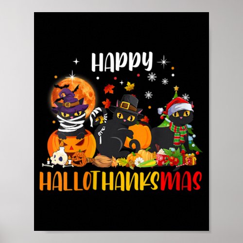 Womens Happy Hallothanksmas Shirt Black Cat Hallow Poster