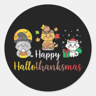 Womens Happy Halloween Christmas Thanksgiving Cat Classic Round Sticker