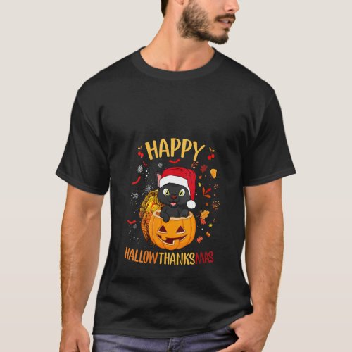 Womens Happy Hallowthanksmas Black Cat Santa Hat H T_Shirt