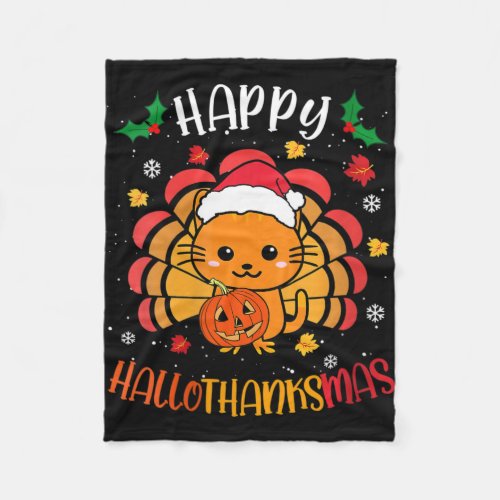 Womens Happy Hallowthanksmas Ca Cute Kitten Turkey Fleece Blanket